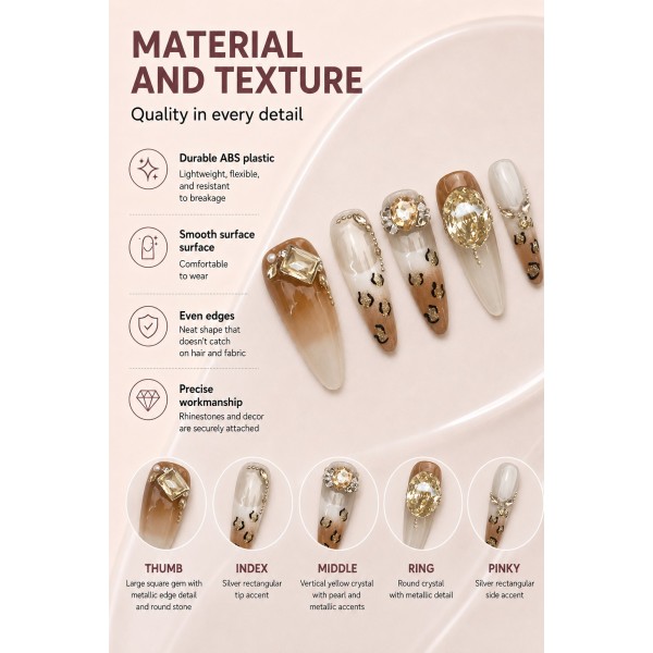 Medium‑Long Almond Press‑On Nails, Coffee Gradient Leopard Print Luxury Gold Rhinestone Fake Nails